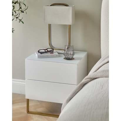 Benton White 2 Drawer Bedside Table With Brushed Brass Legs | Frosted Glass Top | Soft-Close Drawers | Built-In Cable Management | Danetti