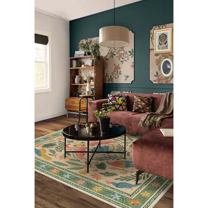 Birds Of A Feather Green & Peach Rug by Iris Apfel - 200 x 290 cm - Rug + Pad System