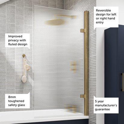 Harbour Contour 8mm Brushed Brass Hinged Fluted Bath Screen - 1520 x 830mm