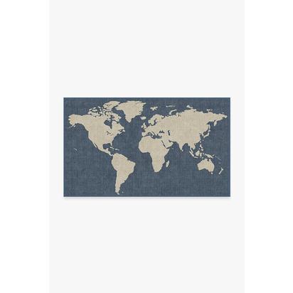 World Map Blue Flatwoven Rug - 90 x 150 cm - Rug + Cushioned Pad System