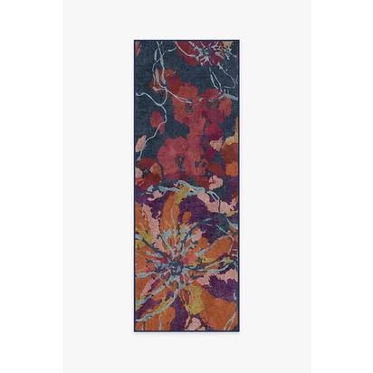 Watercolour Floral Navy Flatwoven Rug - 75 x 215 cm - Rug + Cushioned Pad System