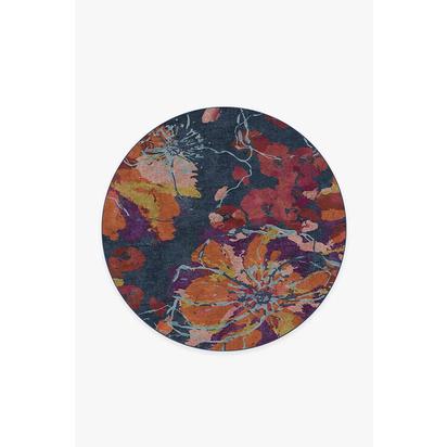 Watercolour Floral Navy Flatwoven Rug - 185 Round cm - Rug + Cushioned Pad System