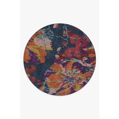 Watercolour Floral Navy Flatwoven Rug - 245 Round cm - Rug + Cushioned Pad System