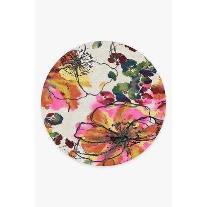 Watercolour Floral Multicolour Flatwoven Rug - 245 Round cm - Rug + Cushioned Pad System