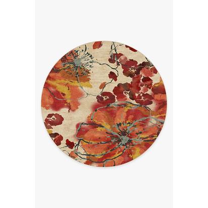 Watercolour Floral Coral Flatwoven Rug - 245 Round cm - Rug + Cushioned Pad System