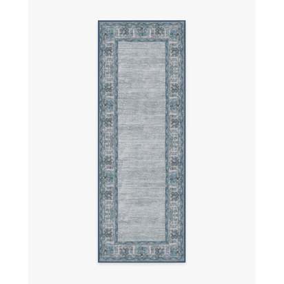 Vintage Daisy Bordered Blue Flatwoven Rug - 75 x 215 cm - Rug + Cushioned Pad System