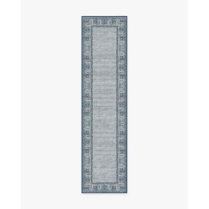 Vintage Daisy Bordered Blue Flatwoven Rug - 75 x 305 cm - Rug + Cushioned Pad System