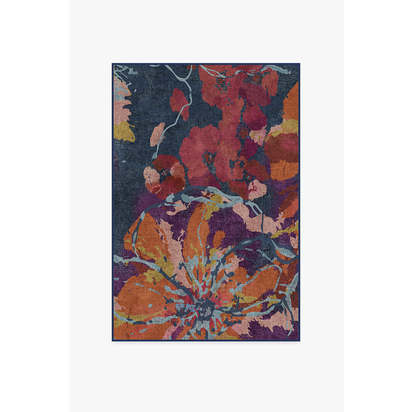 Watercolour Floral Navy Flatwoven Rug - 120 x 185 cm - Rug + Cushioned Pad System