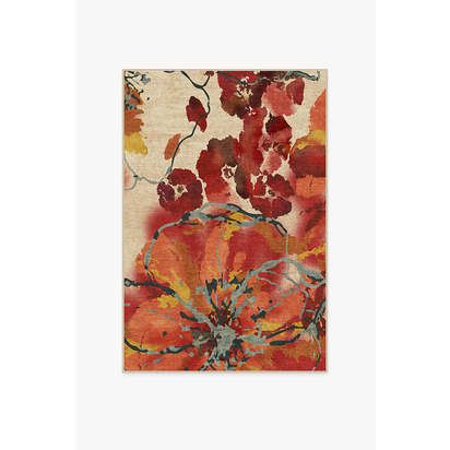 Watercolour Floral Coral Flatwoven Rug - 120 x 185 cm - Rug + Cushioned Pad System