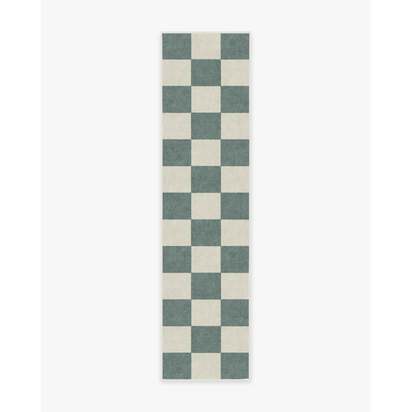 Jaque Checkered Slate Green Flatwoven Rug - 75 x 305 cm - Rug + Cushioned Pad System