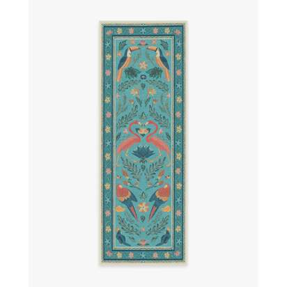 Birds Of A Feather Aqua Flatwoven Rug by Iris Apfel - 75 x 215 cm - Rug + Cushioned Pad System