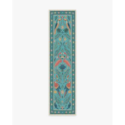 Birds Of A Feather Aqua Flatwoven Rug by Iris Apfel - 75 x 305 cm - Rug + Cushioned Pad System