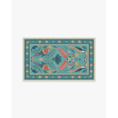 Birds Of A Feather Aqua Flatwoven Rug by Iris Apfel - 90 x 150 cm - Rug + Cushioned Pad System