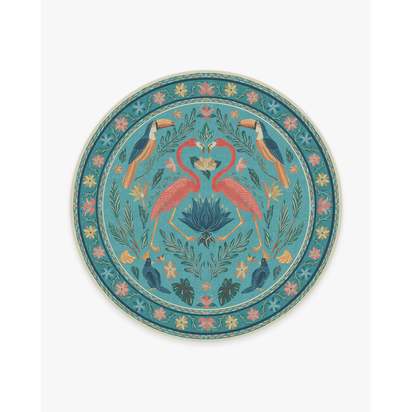 Birds Of A Feather Aqua Flatwoven Rug by Iris Apfel - 245 Round cm - Rug + Cushioned Pad System