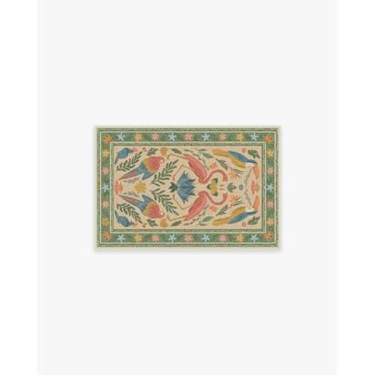 Birds Of A Feather Green & Peach Flatwoven Rug by Iris Apfel - 60 x 90 cm - Rug + Cushioned Pad System