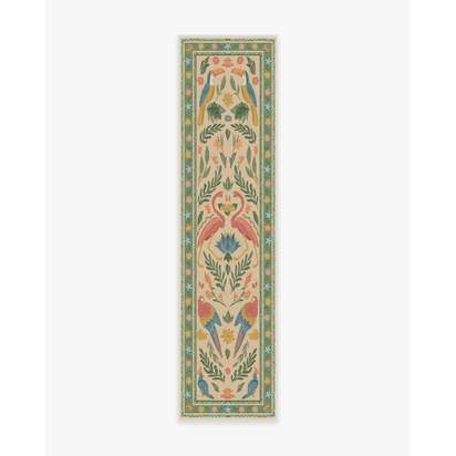 Birds Of A Feather Green & Peach Flatwoven Rug by Iris Apfel - 75 x 305 cm - Rug + Cushioned Pad System