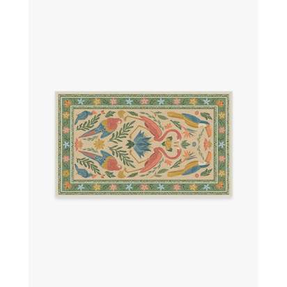 Birds Of A Feather Green & Peach Flatwoven Rug by Iris Apfel - 90 x 150 cm - Rug + Cushioned Pad System