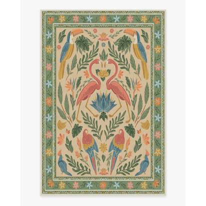 Birds Of A Feather Green & Peach Flatwoven Rug by Iris Apfel - 185 x 275 cm - Rug + Cushioned Pad System