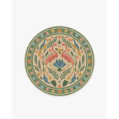 Birds Of A Feather Green & Peach Flatwoven Rug by Iris Apfel - 185 Round cm - Rug + Cushioned Pad System