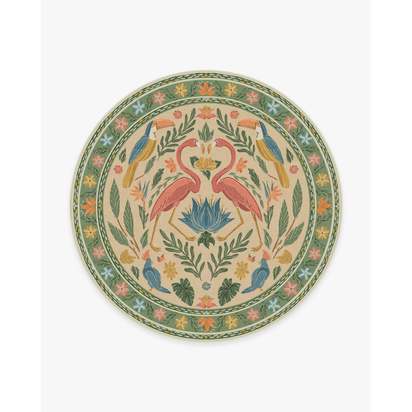 Birds Of A Feather Green & Peach Flatwoven Rug by Iris Apfel - 245 Round cm - Rug + Cushioned Pad System