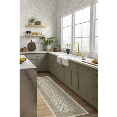Bellflowers Ivory & Gold Flatwoven Rug by Morris & Co. - 75 x 215 cm - Rug + Cushioned Pad System