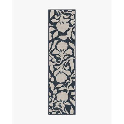Flora Ink Blue & Ivory Flatwoven Rug by The Hiltons - 75 x 305 cm - Rug + Cushioned Pad System