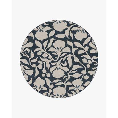 Flora Ink Blue & Ivory Flatwoven Rug by The Hiltons - 245 Round cm - Rug + Cushioned Pad System
