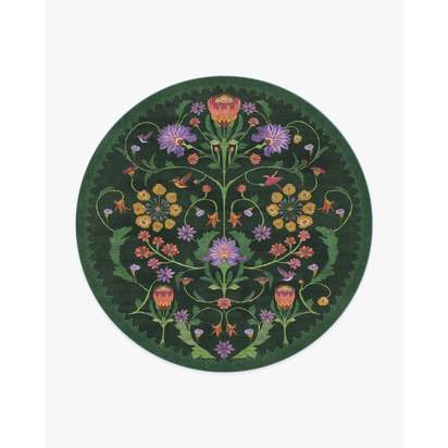 Protea Forest Green Flatwoven Rug by Iris Apfel - 245 Round cm - Rug + Cushioned Pad System