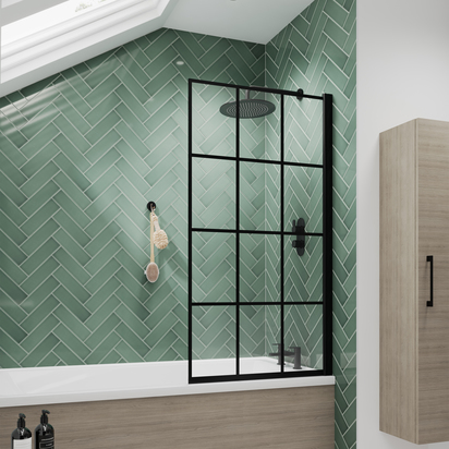 Vellamo City 6mm Matt Black Framed Hinged Grid Bath Screen - 1430 x 770mm