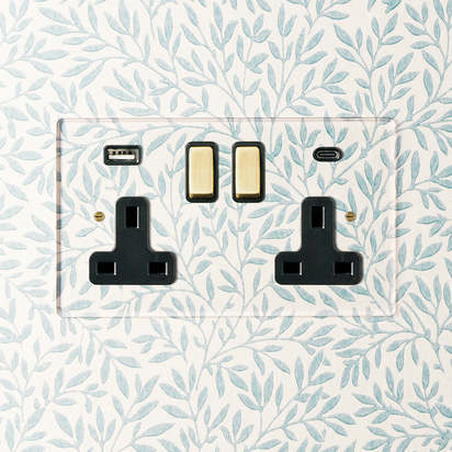 Lucian perspex double socket with USB type A & C in clear perspex with black inserts and aged brass switch