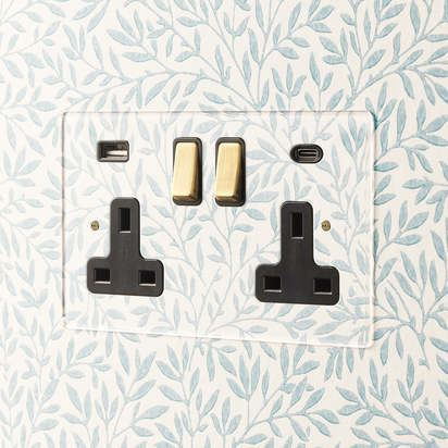 Lucian perspex double socket with USB type A & C in clear perspex with black inserts and aged brass switch