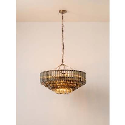 Petalia - 9 light aged brass and smoked green glass tube wide chandelier