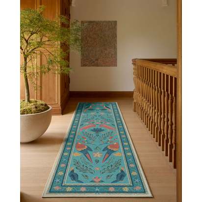 Birds Of A Feather Aqua Flatwoven Rug by Iris Apfel - 75 x 215 cm - Rug + Pad System