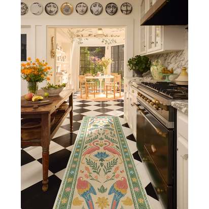 Birds Of A Feather Green & Peach Flatwoven Rug by Iris Apfel - 75 x 365 cm - Rug + Pad System