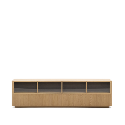 Helvine TV stand 4 doors and 2 drawers oak veneer and tempered glass, 200 x 54 cm FSC 100%