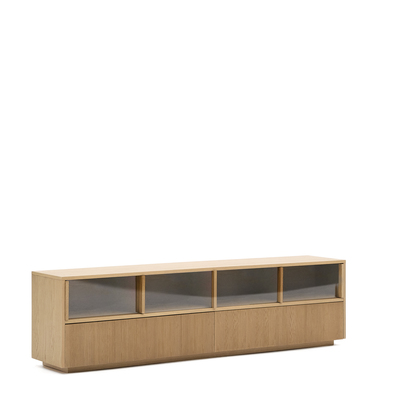 Helvine TV stand 4 doors and 2 drawers oak veneer and tempered glass, 200 x 54 cm FSC 100%