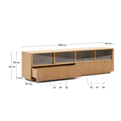 Helvine TV stand 4 doors and 2 drawers oak veneer and tempered glass, 200 x 54 cm FSC 100%