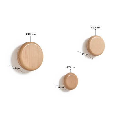 Nadue set of 3 solid beech wood wall hooks with a natural finish