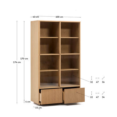 Helvine display cabinet 4 doors 2 drawers oak veneer and tempered glass 100 x 174 cm FSC 1