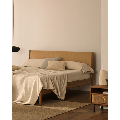 Ayame cushion cover in beige linen and cotton and a black embroidery feature, 45 x 45 cm