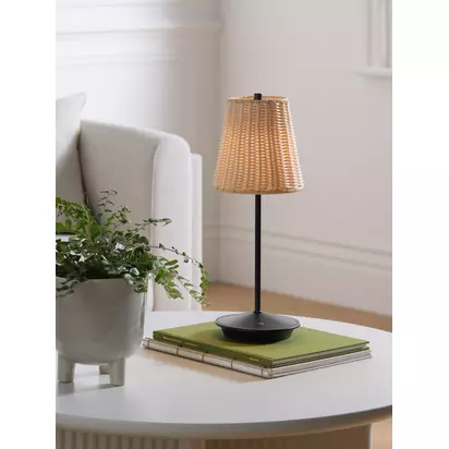 John Lewis Rattan Cordless Rechargeable Table Lamp, Black Black | H38.1 x Dia.15.2cm
