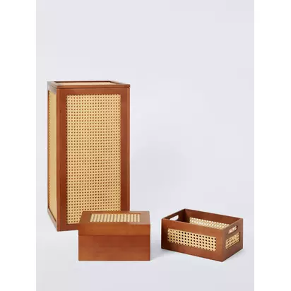 John Lewis Poly Rattan and Bamboo Laundry Basket, Cherry Wood Cherry Wood/Rattan | H68 x W35.20 x D35.20cm