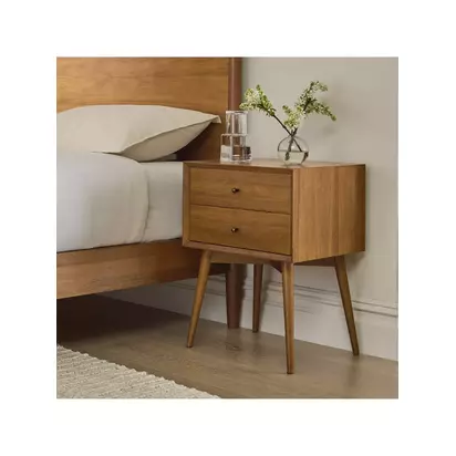 west elm Mid-Century Wood 2 Drawer Bedside Table, Acorn Natural Natural | H61 x W46 x D38cm
