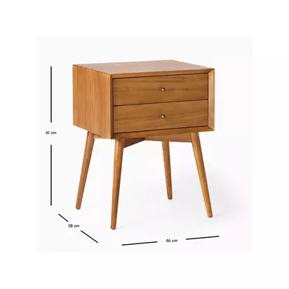 west elm Mid-Century Wood 2 Drawer Bedside Table, Acorn Natural Natural | H61 x W46 x D38cm