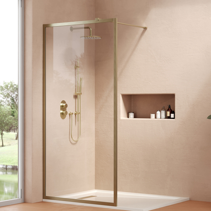 Harbour Frame Brushed Brass Walk in Glass Shower Screen with Flat Bar - 1400mm