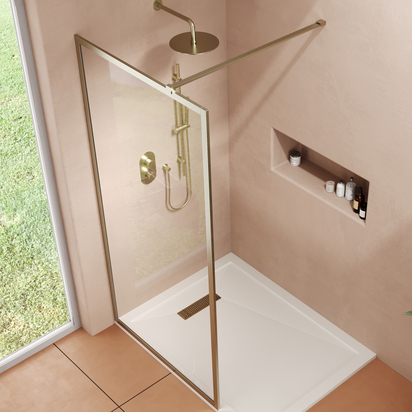 Harbour Frame Brushed Brass Walk in Glass Shower Screen with Flat Bar - 1400mm