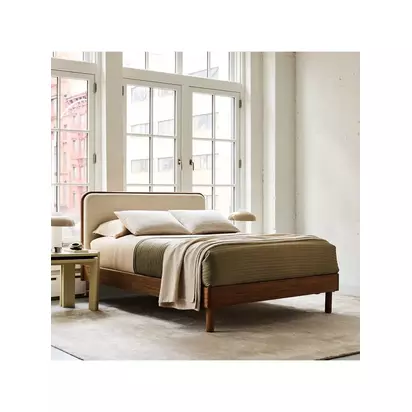 West Elm Miles Wood & Upholstered Bed Frame, Super King Size, Twill Sand/Toasted Oak Natural Natural | H114 x W194 x D214cm