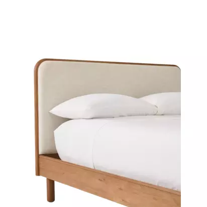 west elm Miles Wood & Upholstered Bed Frame, Super King Size, Twill Sand/Toasted Oak Natural Natural | H114 x W194 x D214cm