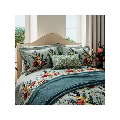 V&A Botanical Harmony Cotton Throw, Blue Teal Blue Teal | L220 x W170 x D1cm