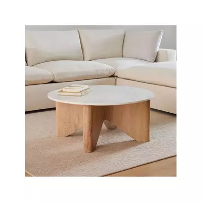 west elm Maddox Mango Wood & Marble Coffee Table, Natural/White Natural | H41 x W91 x D91cm